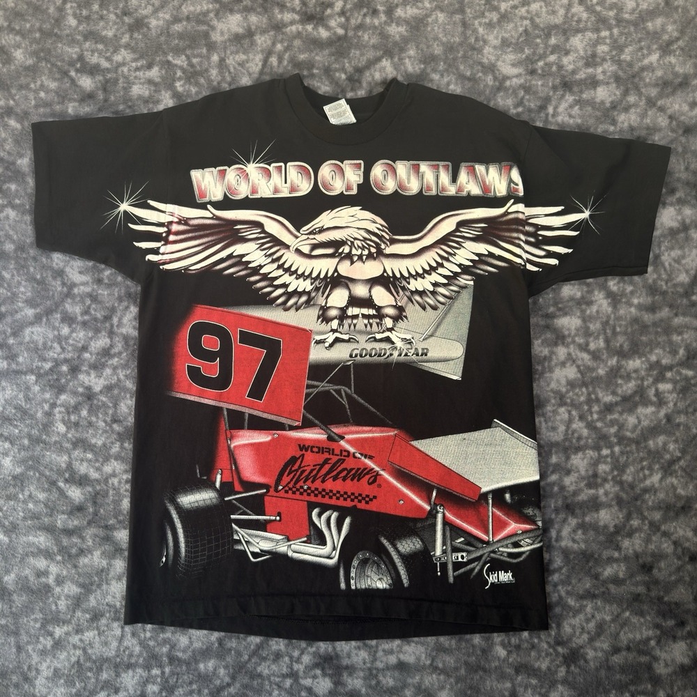 1997 World of Outlaws TShirt Mens XL All Over Print Racing Tour Single Stitch